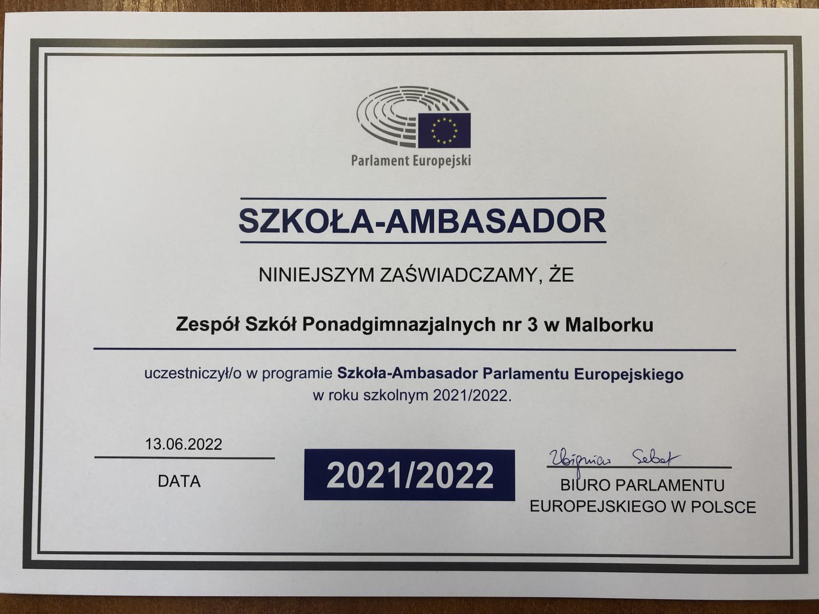 ZSP 3 Szkołą – Ambasadorem Parlamentu Europejskiego po raz piąty