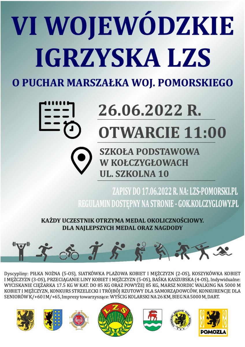 Informacja dotycząca VI Igrzysk LZS, które odbędą się 26.06.2022r. (niedziela) na obiektach w Kołczygłowach