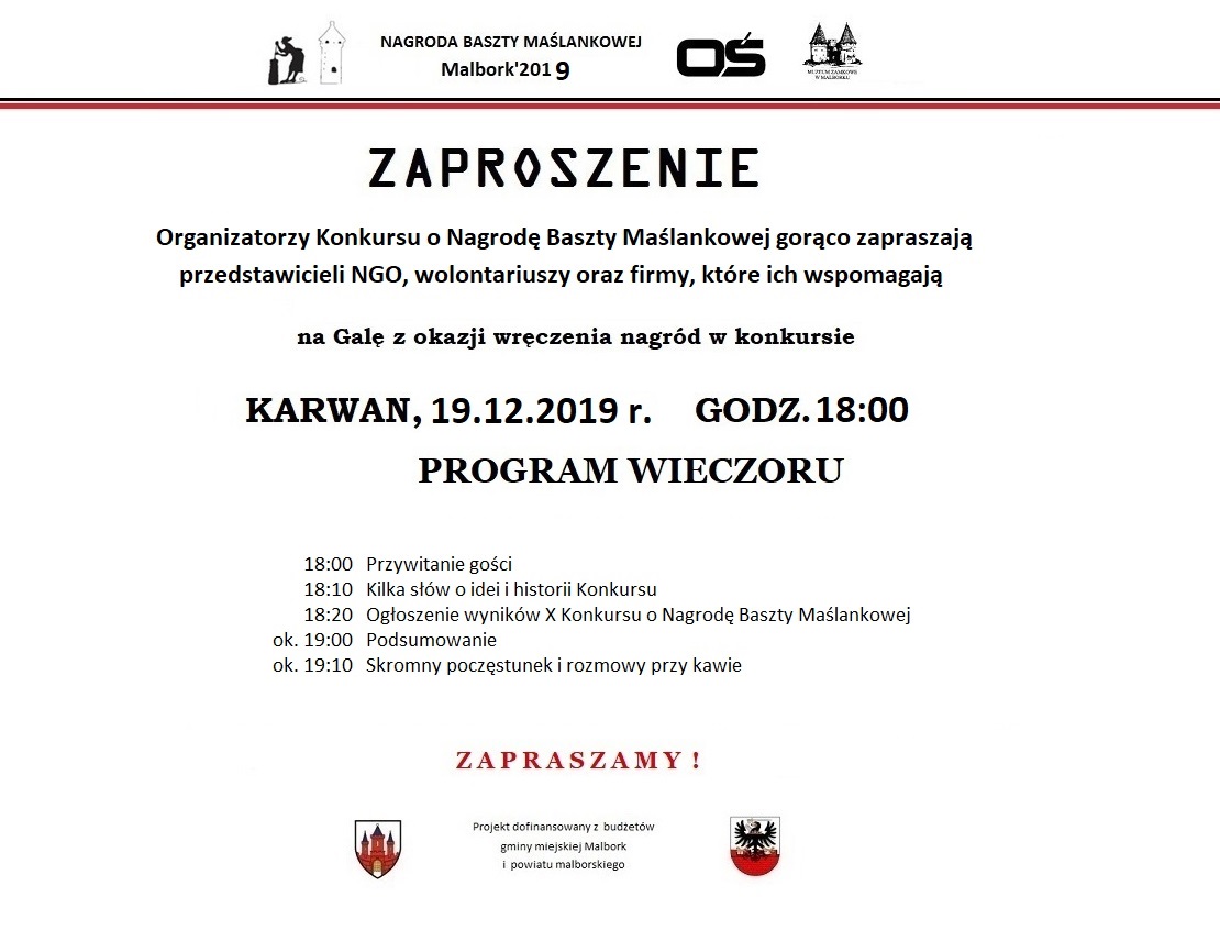 Plakat - Zaproszenie na Galę rozdania nagród Baszty Maślankowej