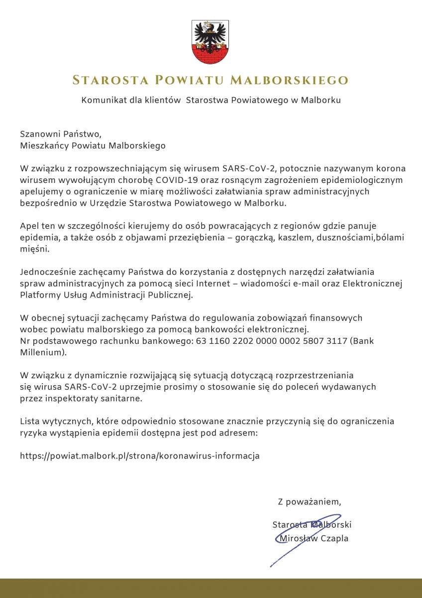 Komunikat dla klientów Starostwa Powiatowego w Malborku