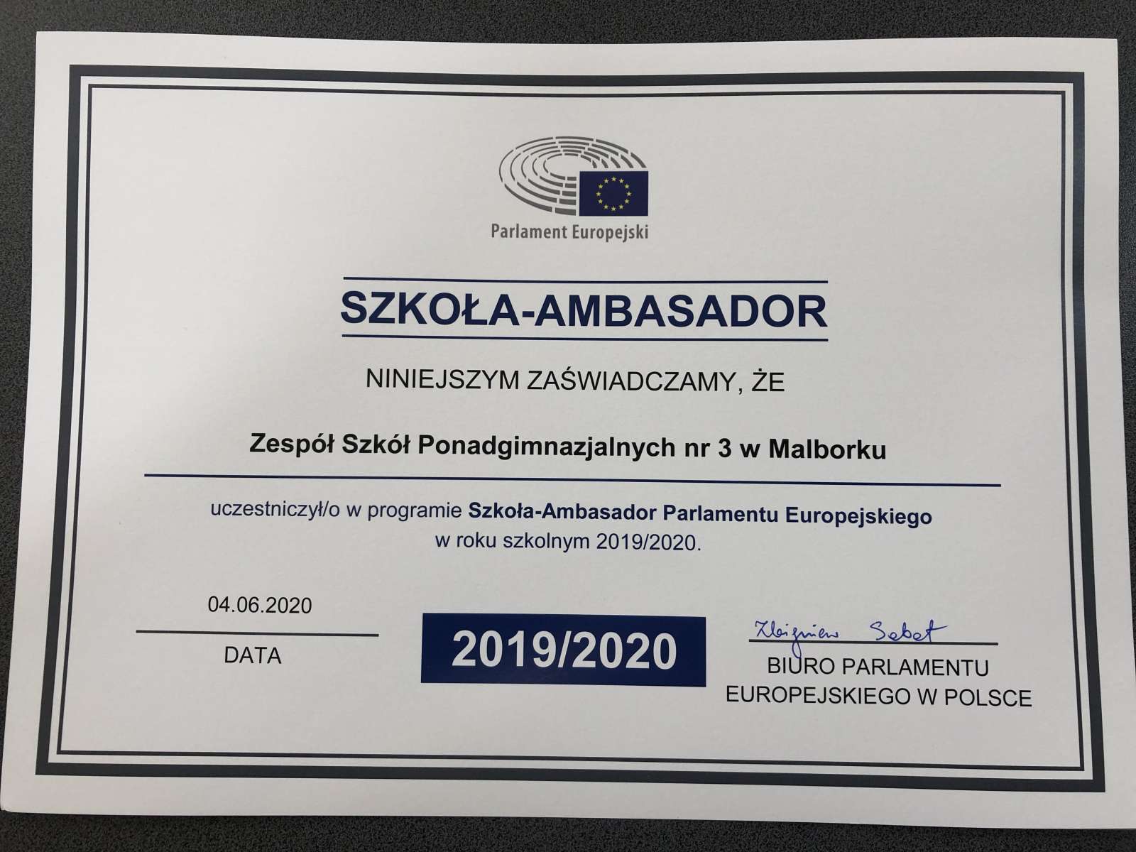 ZSP nr 3 powtórnie Szkołą – Ambasadorem Parlamentu Europejskiego