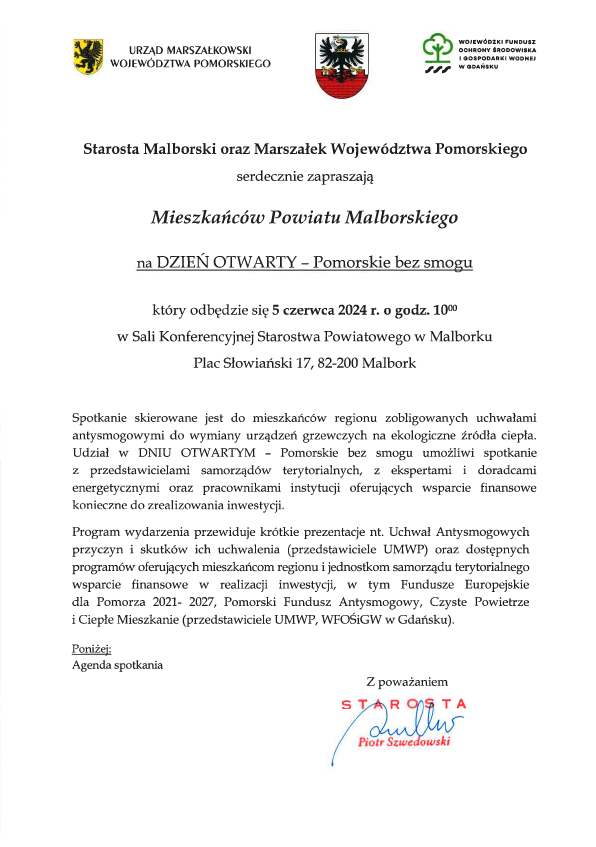 Zaproszenie Mieszkańców Powiatu Malborskiego na 5 czerwca 2024 r. na DZIEŃ OTWARTY – Pomorskie bez smogu